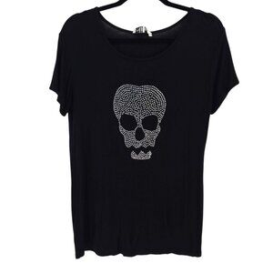 Style 101 womens large black embellished skull short sleeve stretchy top sparkle